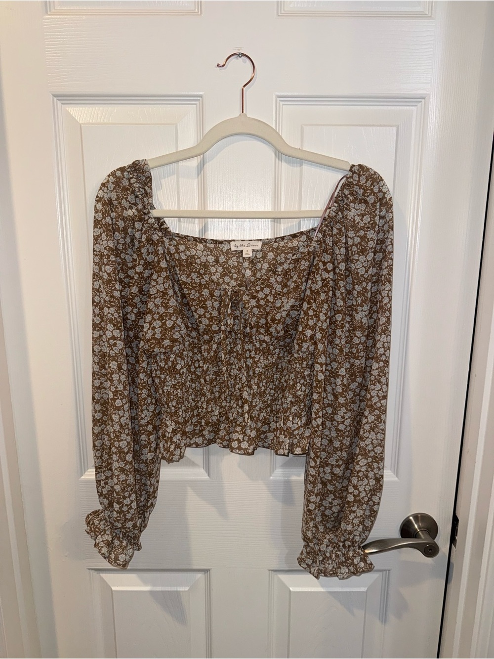By the River Brown Blue Floral Smocked Long Sleeve Top Size Small